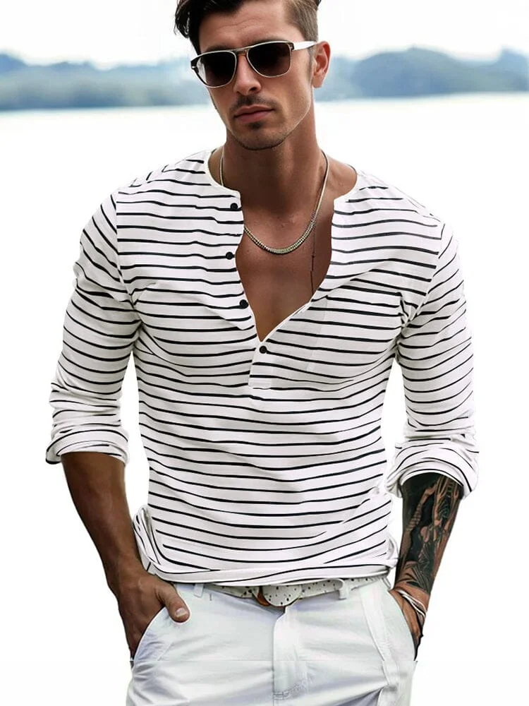 Comfy Basic Stripe Henley Shirt QueenFunky