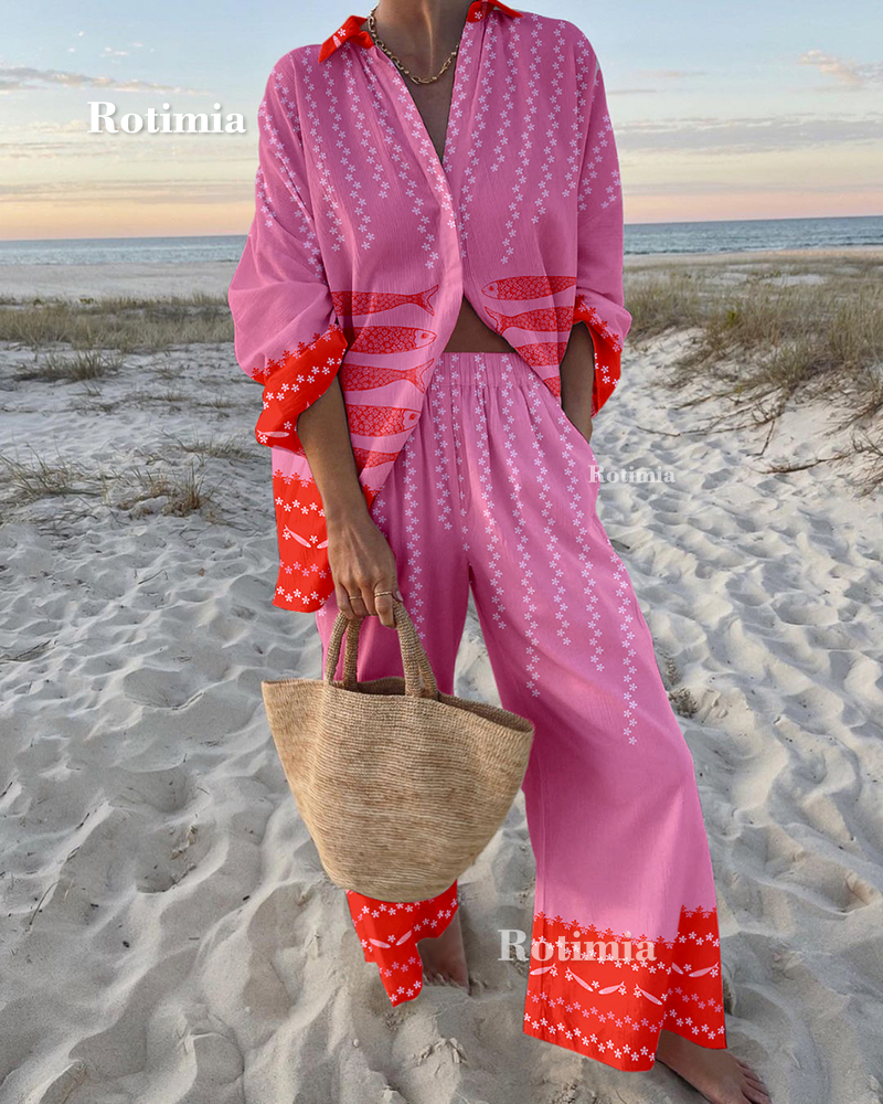 Retro vacation fish print two-piece set