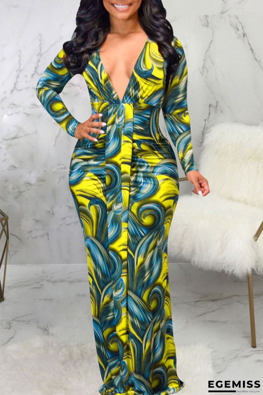 Yellow Sexy Print Patchwork V Neck Long Sleeve Dresses | EGEMISS