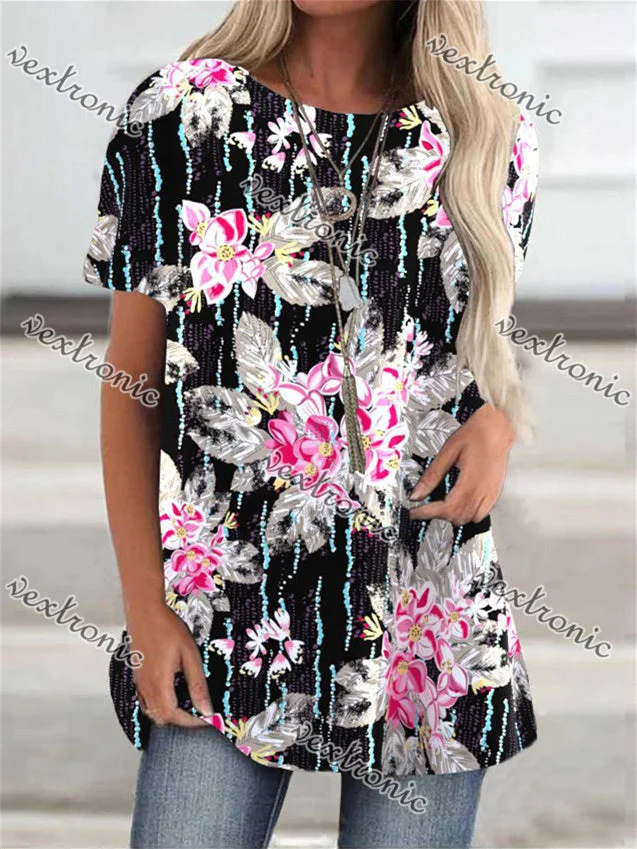 Women's Colorful Scoop Neck Short Sleeve Floral Printed Top