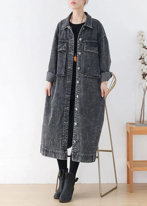 Fine Grey PeterPan Collar Button Fall Pockets Long Sleeve Coat