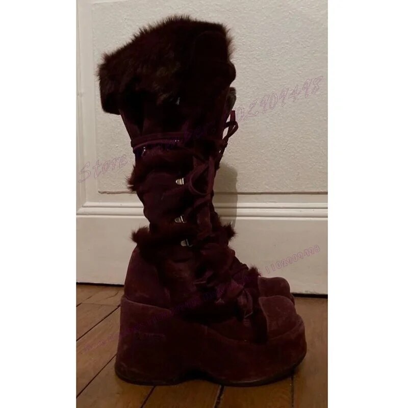 VCSHOES Red Fluffy Decor Wedge Heels Boots Platform Round Toe Shoes For Women Mid Calf Zipper Snow Shoes Zapatos Para Mujere