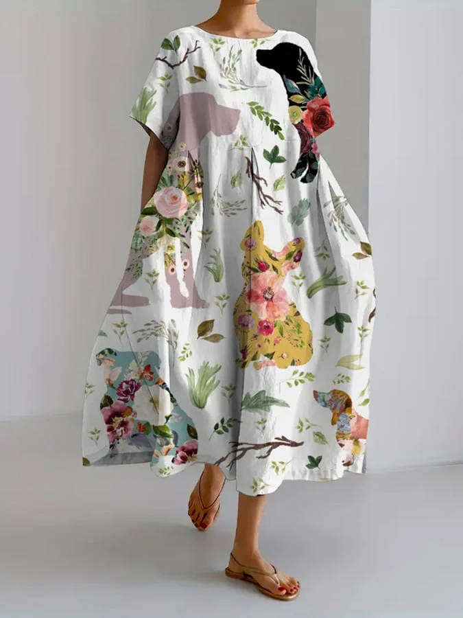 Women's Funny Dog Print Casual Loose Dress  (With Pockets On Both Sides)