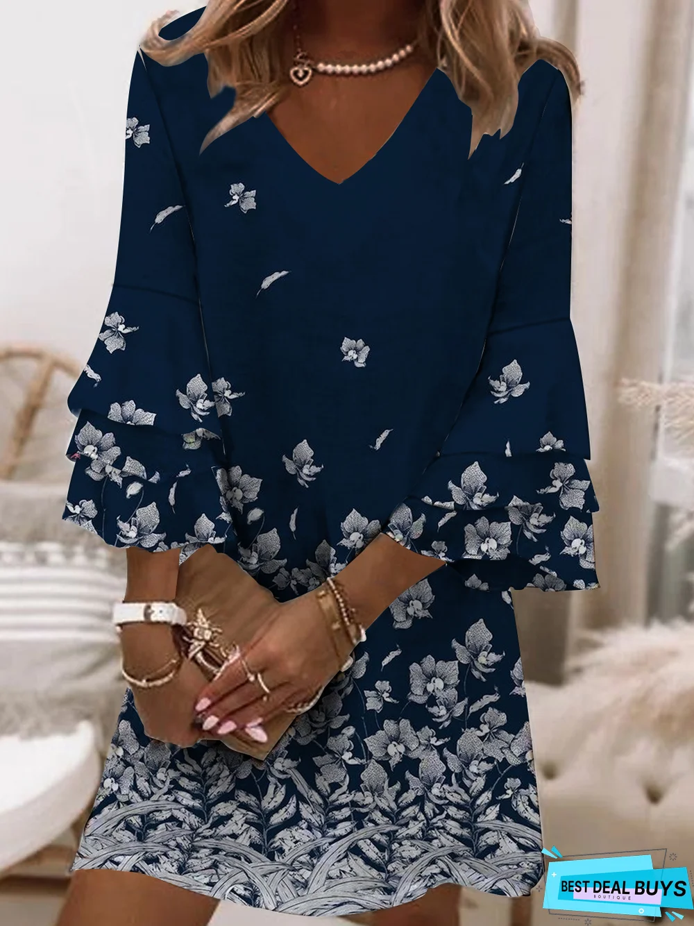 Casual V Neck Loosen Short Sleeve Woven Tunic Dress