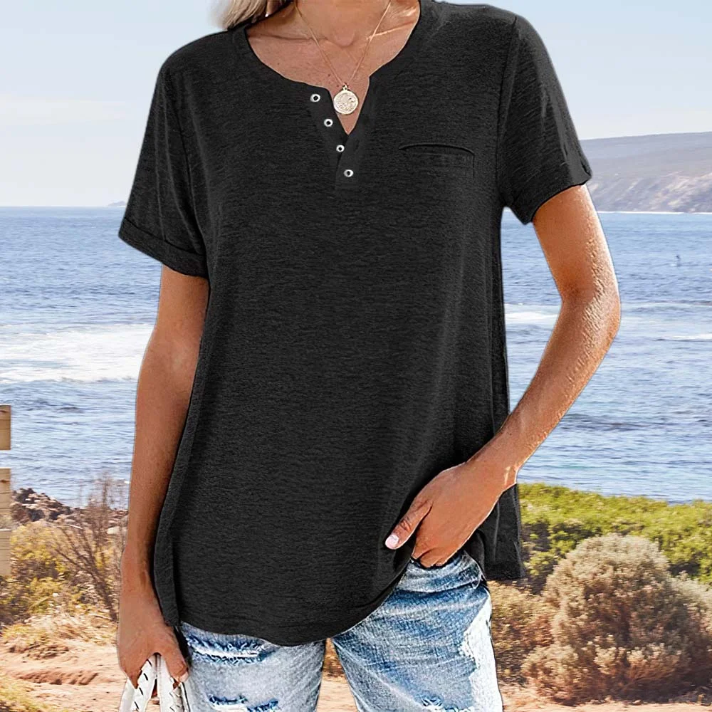 Smiledeer  Women's Summer Fashion Solid Color Pocket Short Sleeve T-Shirt