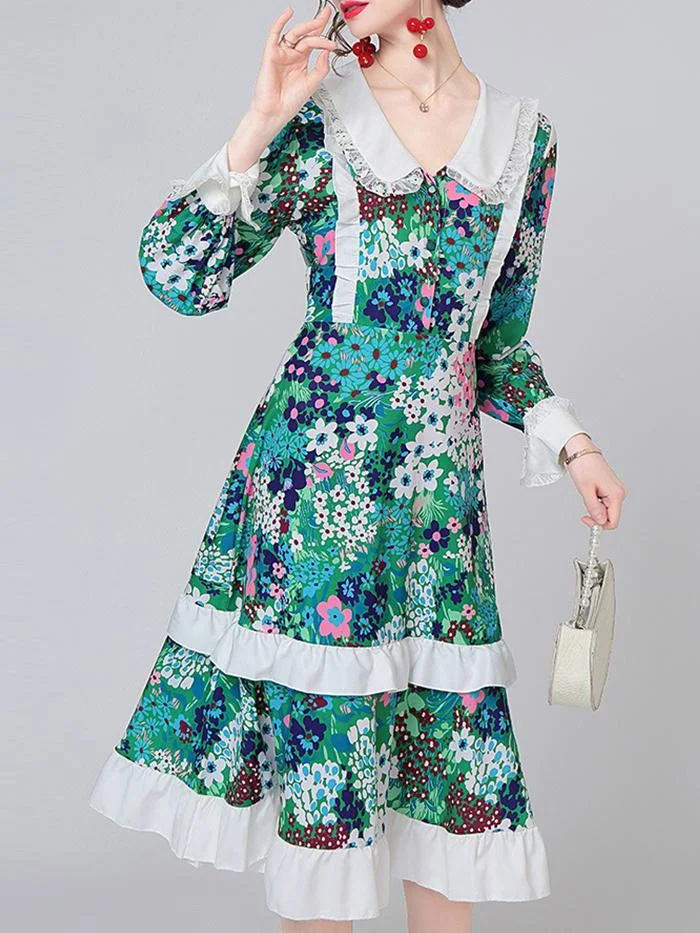 V-neck Women's Lace Doll Collar Fashion Print Dress