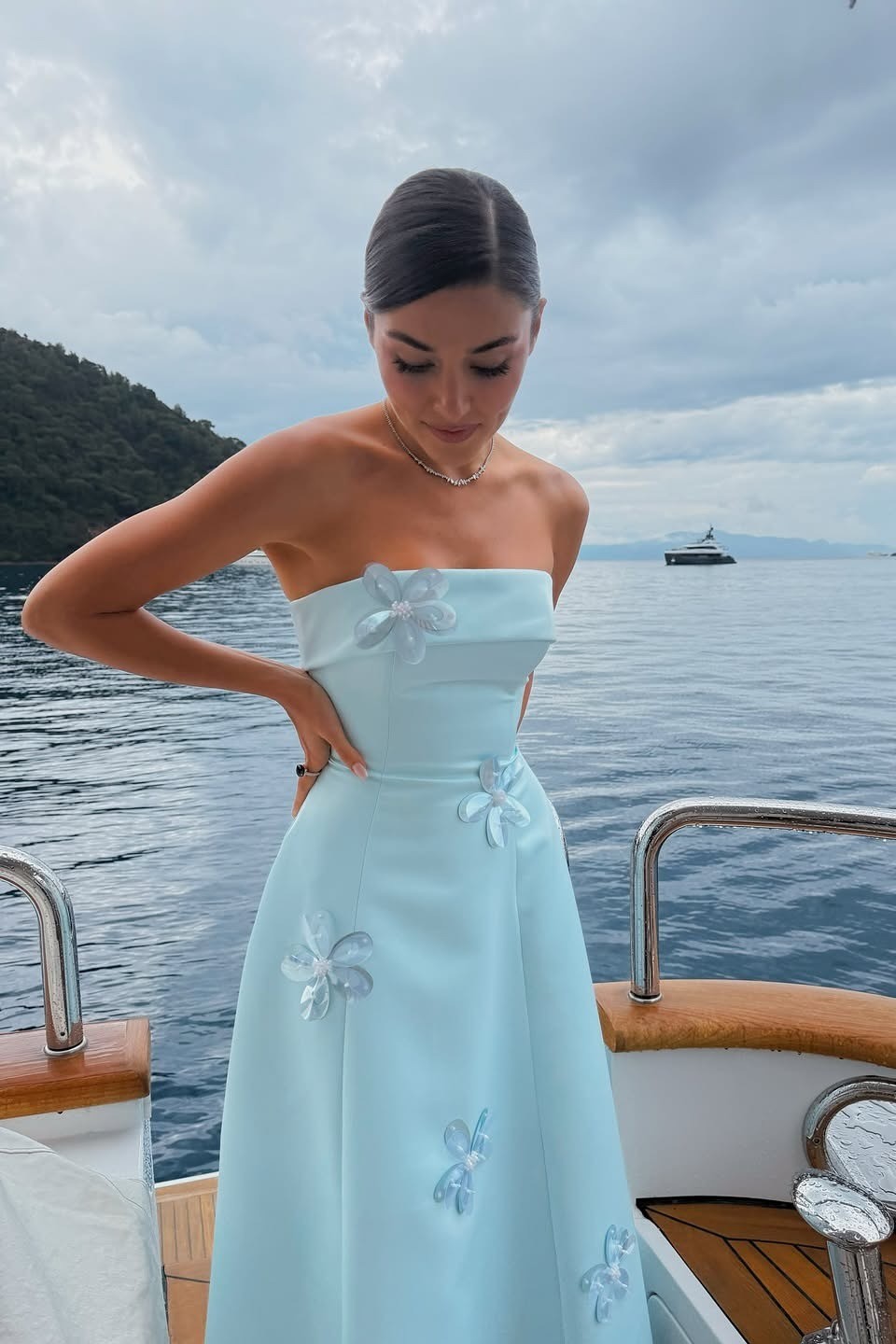 Oknass Charming Blue Strapless Sleeveless Long Prom Dress With Pleated