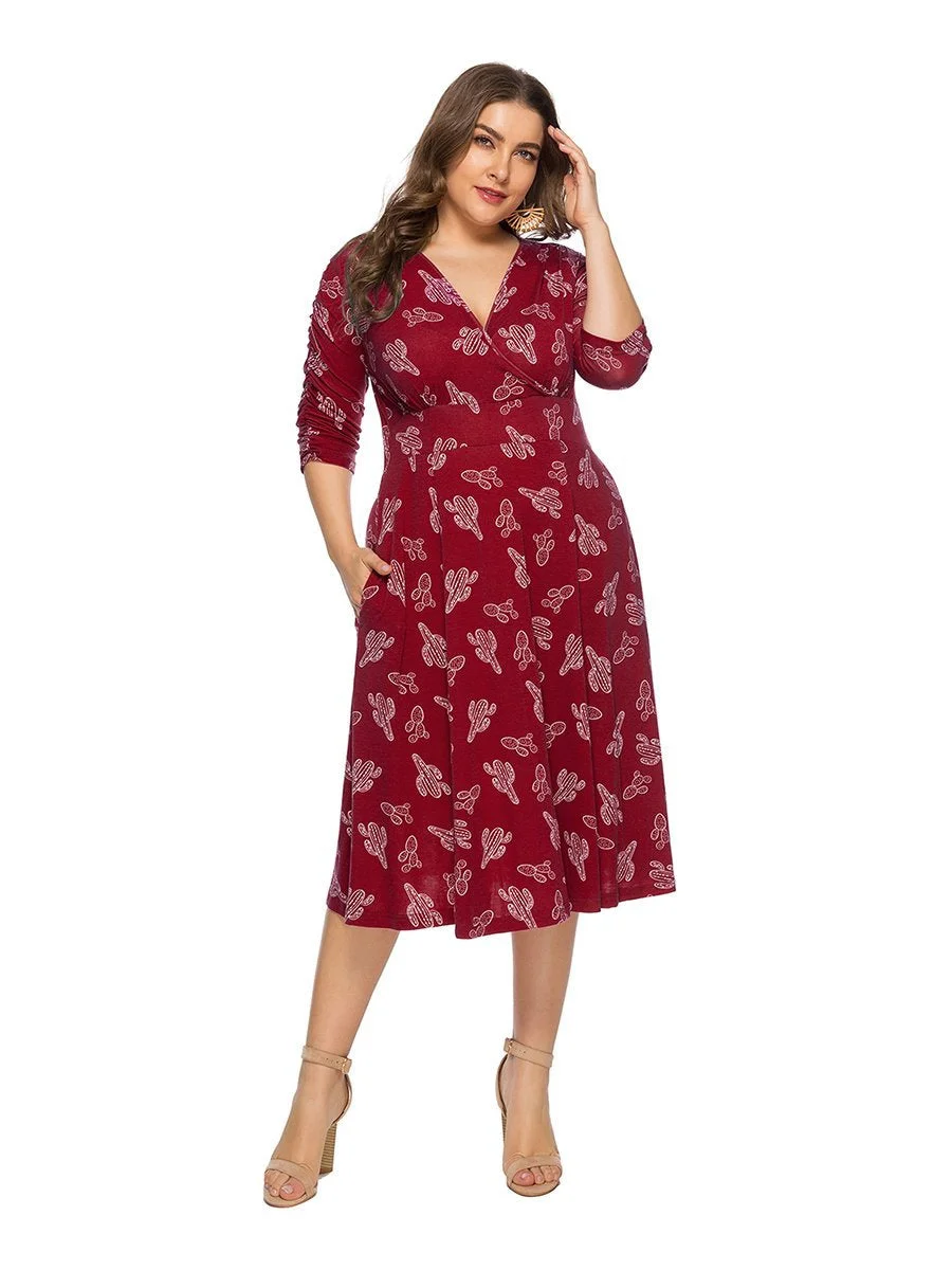 Plus Size Dress Vintage Three Quarters Sleeve V Neck Floral Midi Dress