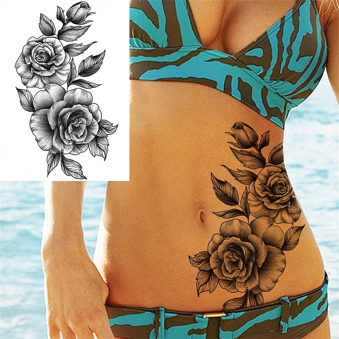 Large 3D Rose Flower Temporary Tattoos For Women Men Adults Death Skull Tattoo Sticker Peony Dahlia Black Fake Tatoos Forearm