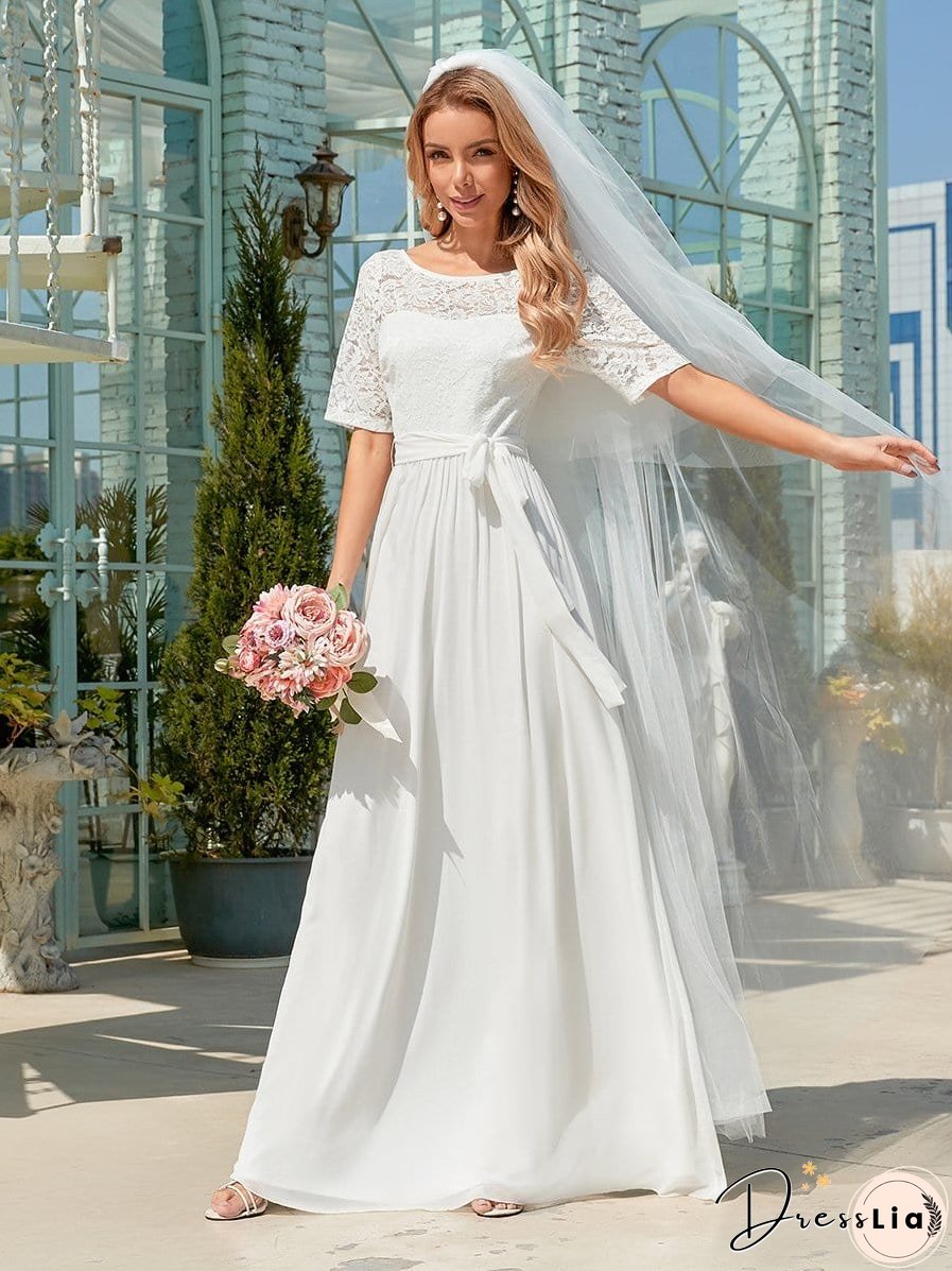 Sophisticated Lace Bodice Chiffon Maxi Evening Gown with Belt for Elegant Occasions