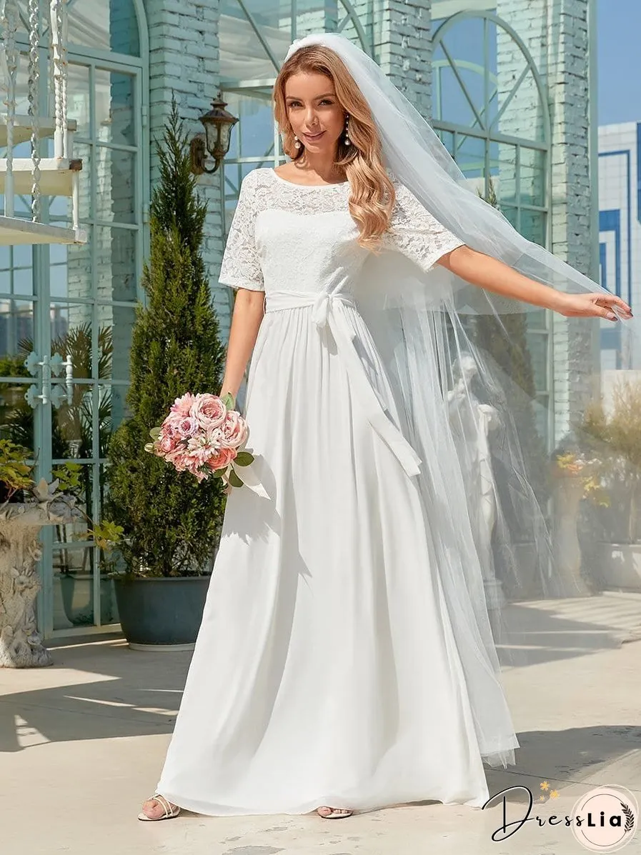 Sophisticated Lace Bodice Chiffon Maxi Evening Gown with Belt for Elegant Occasions