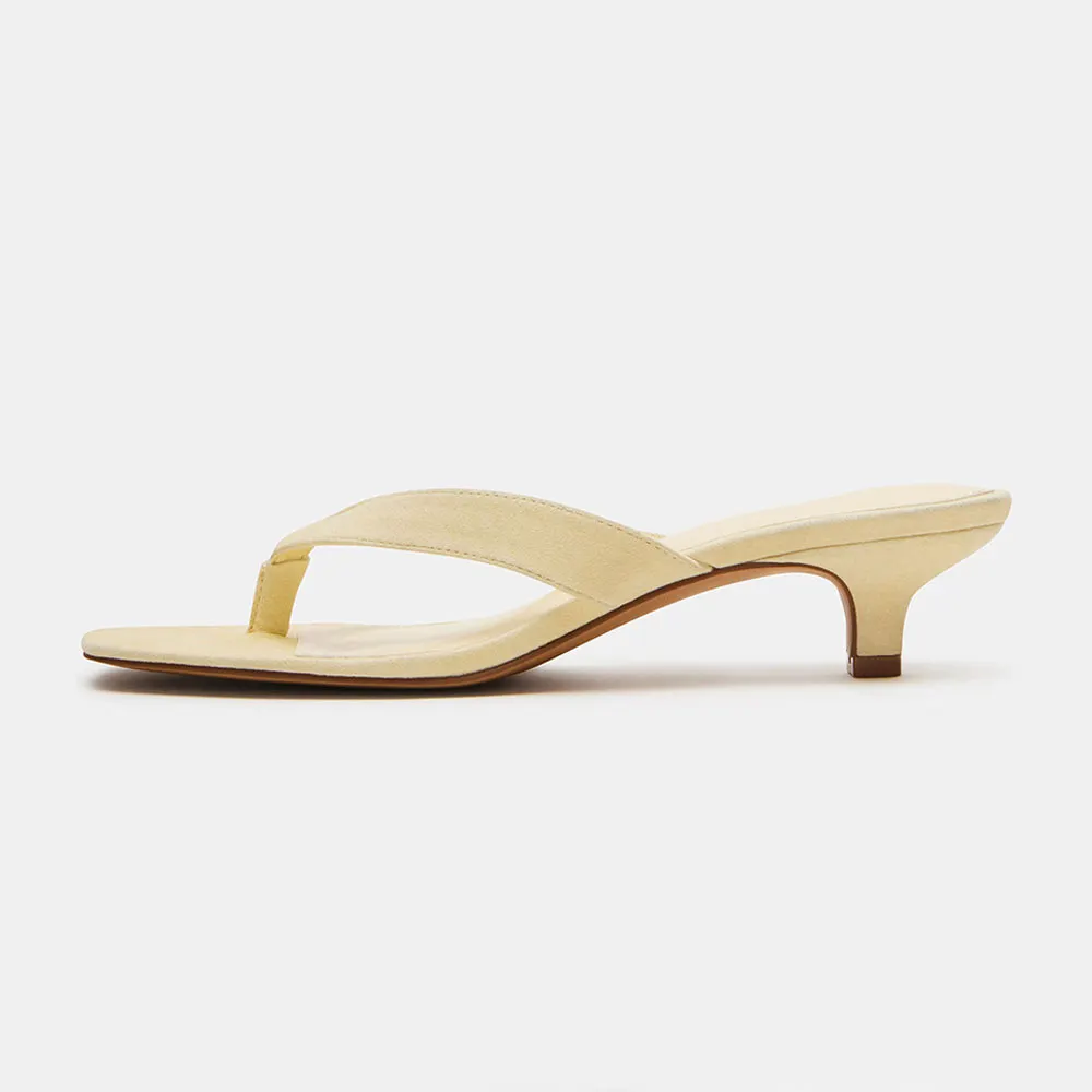 Light Yellow Vegan Suede Open Toe Slide Sandals with Kitten Heels