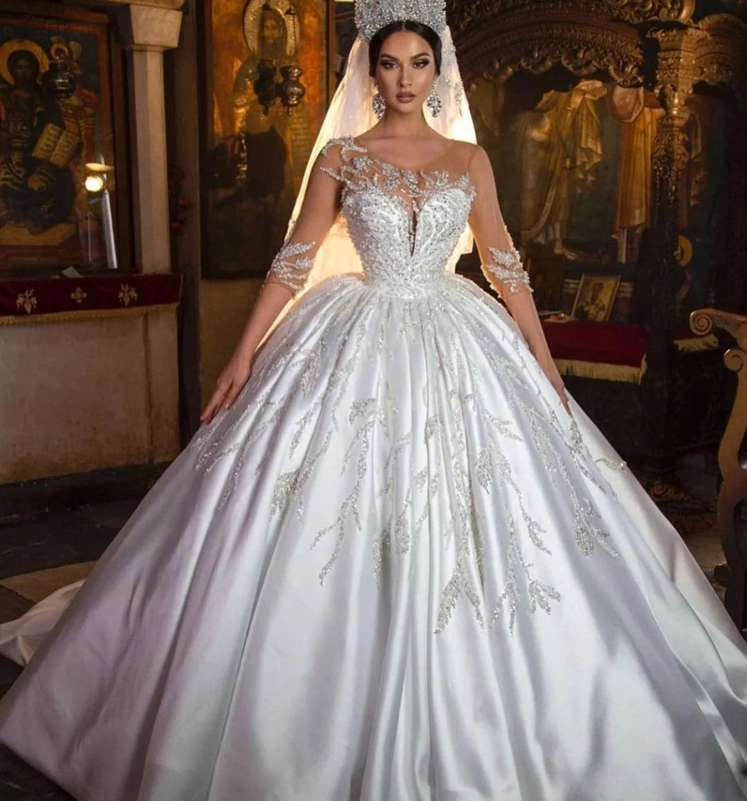 Daisda Gorgeous Long Princess Sweetheart Satin Wedding Dress With Sleeves