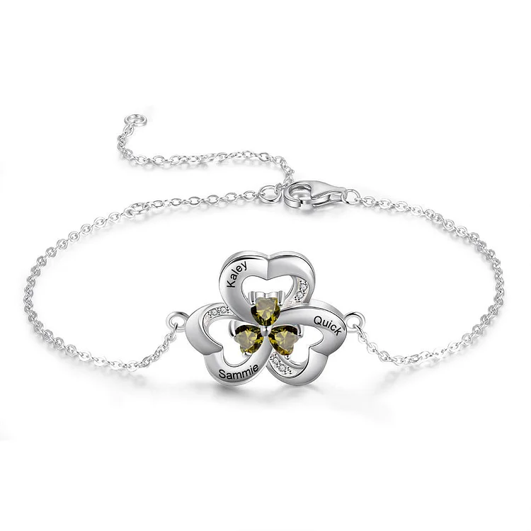 Peridot Clover Heart Bracelet 3 Birthstones Engraved 3 Names Connected Hearts