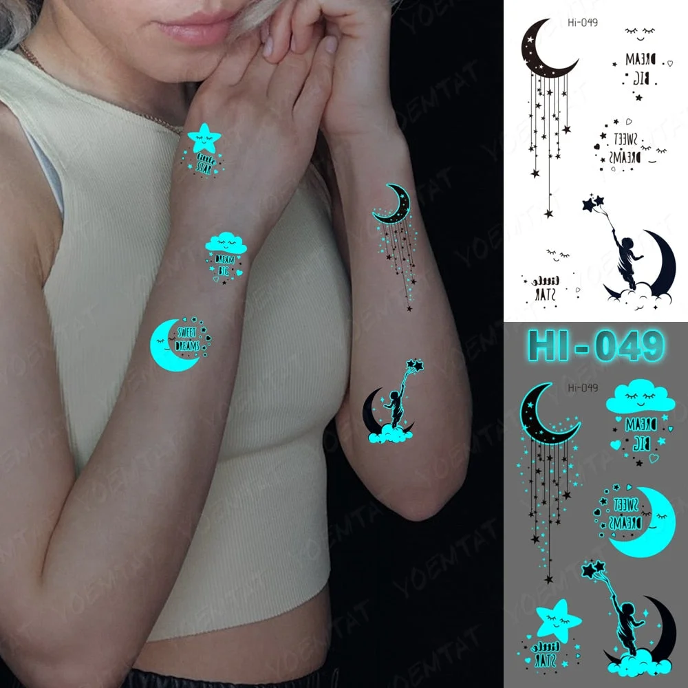 Blue Luminous Glow Tattoo Sticker Mountain Moon Waterproof Temporary Tatoo Nature Forest Sea Fake Tatto For Body Art Women Men