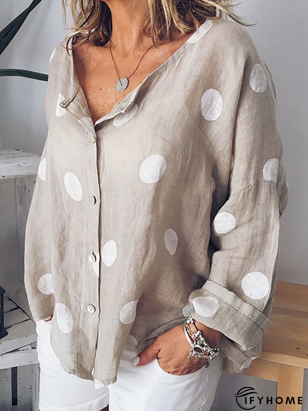 Women Polka Dots Buttoned Long Sleeve Casual Top | IFYHOME