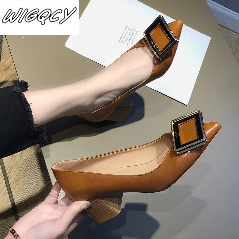 vstacam Square Heels Pointed Toe Pumps Shoes Women Leather Med Heels V Mouth Casual Office Lady OL Shoes 5 Cm Heel