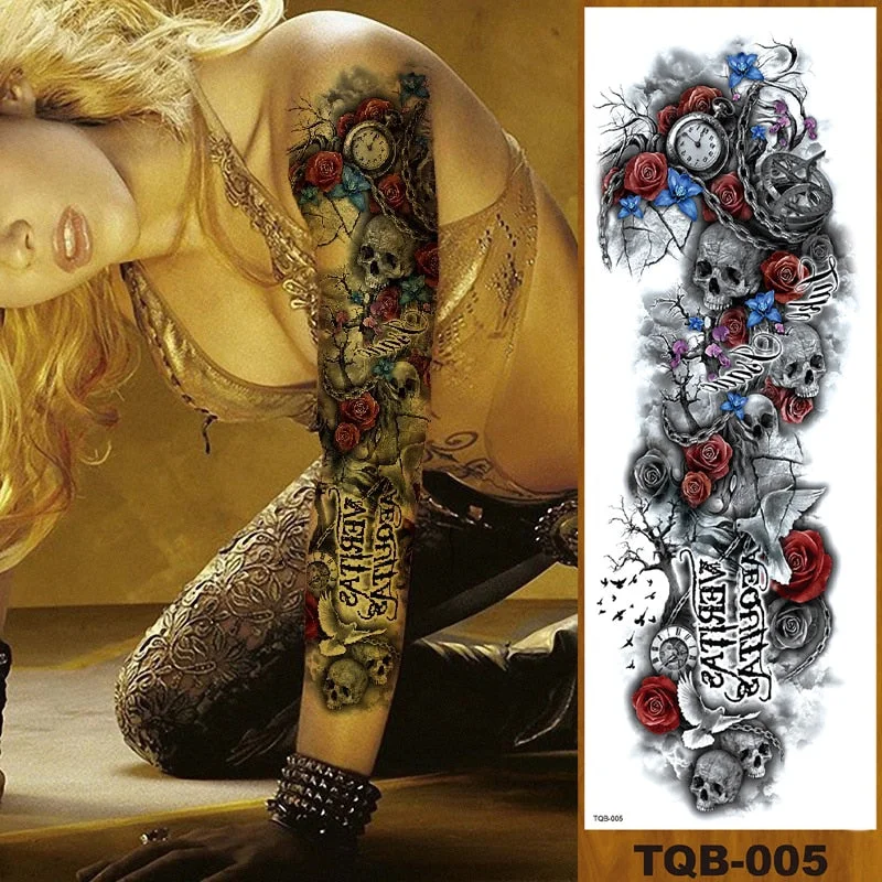 Full Flower Arm Temporary Tattoo Sticker Man Woman Body Leg Fake Tatoo Skull Night Demon Grim Reaper Good and Evil Waterproof