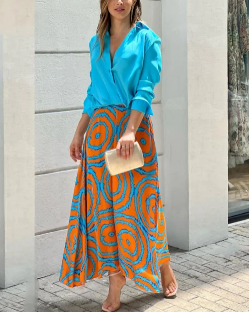 Complementary Color Printed Shirt Long Skirt Suit