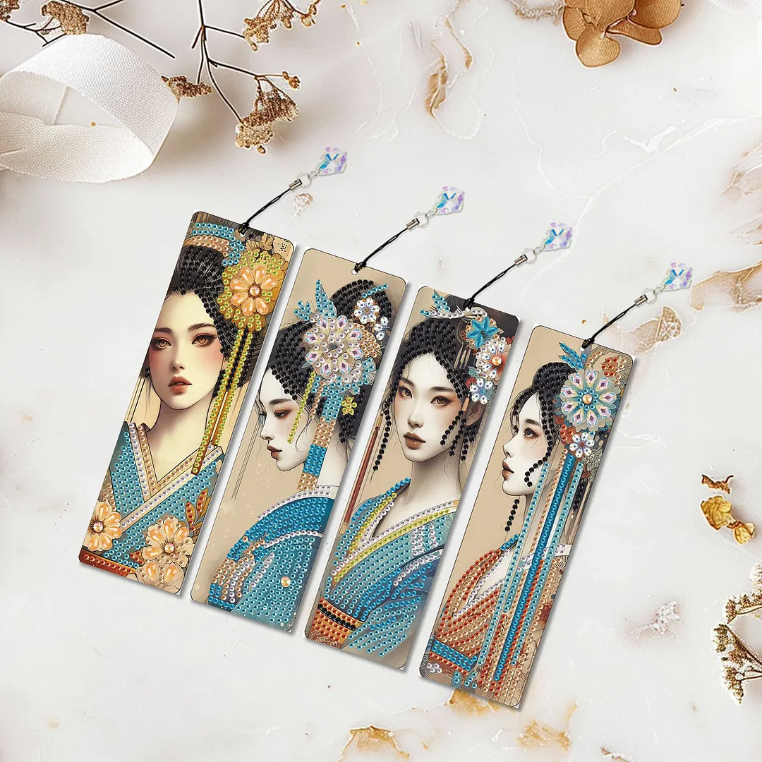4Pcs Oriental Beauty DIY Diamond Bookmark Art Projects Irregular Shaped Diamonds Diamond Painting Art Bookmarks with Crystal Pendants for DIY Making Beginners Adult Art Craft Supplies