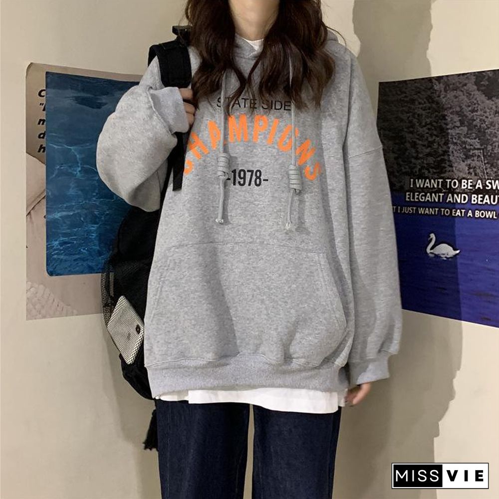 Hoodies Women New Loose Korean Student Blouse Harajuku Style Printing Plus Cashmere Hooded Woman Clothes Ladies Pullovers