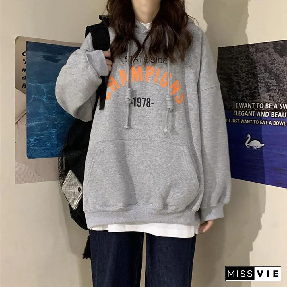 Hoodies Women New Loose Korean Student Blouse Harajuku Style Printing Plus Cashmere Hooded Woman Clothes Ladies Pullovers