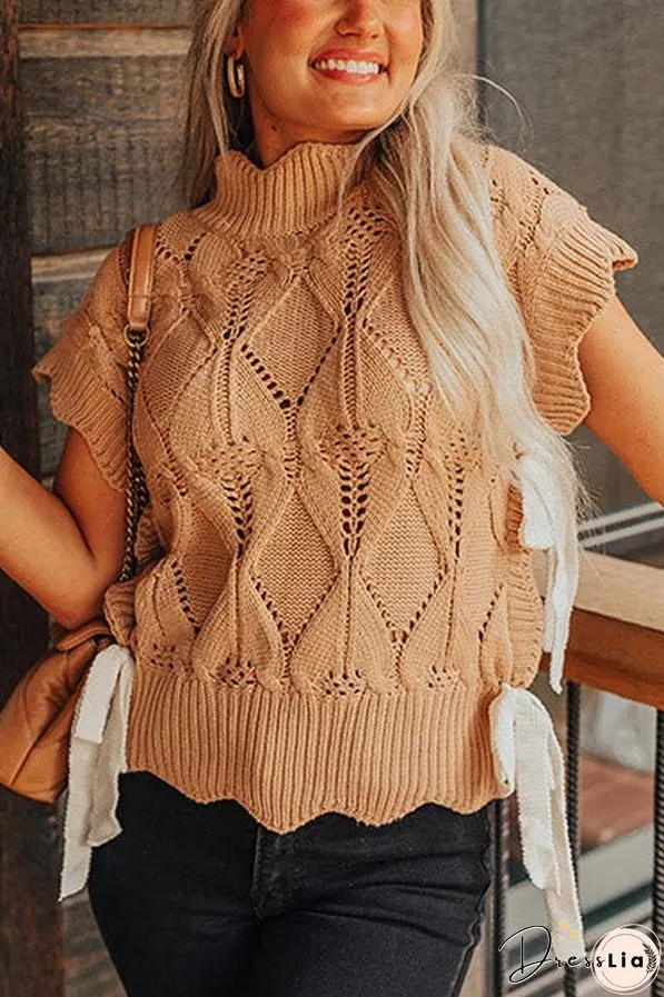 Light French Beige Hollowed Knit Scalloped Trim High Neck Sweater
