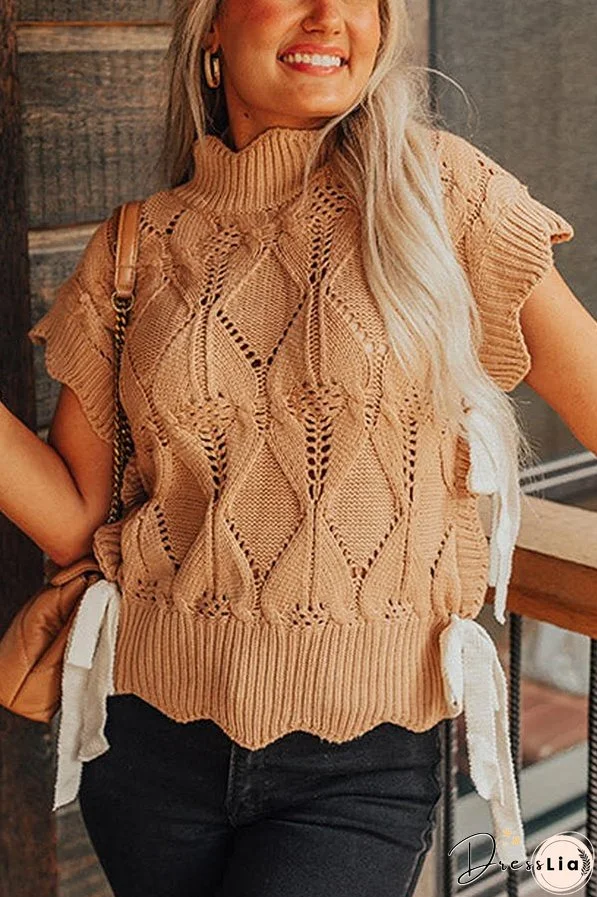Light French Beige Hollowed Knit Scalloped Trim High Neck Sweater