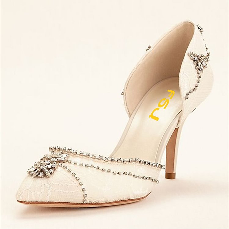 Lace Ivory Wedding Shoes Rhinestone Low Heel Bridal Shoes |FSJ Shoes