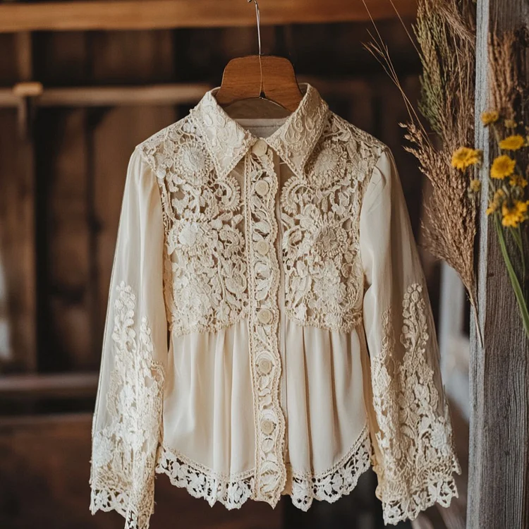 Women's Retro Lace Floral Embroidery Art Lapel Shirt