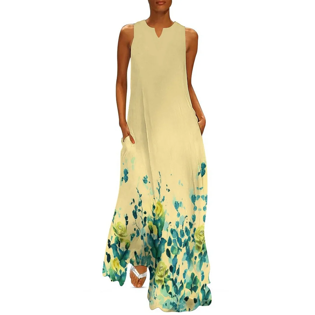 Style & Comfort for Mature Women Plus Size Printed Sleeveless Casual Women Maxi Dress with Pockets in Pattern Yellow, Floral