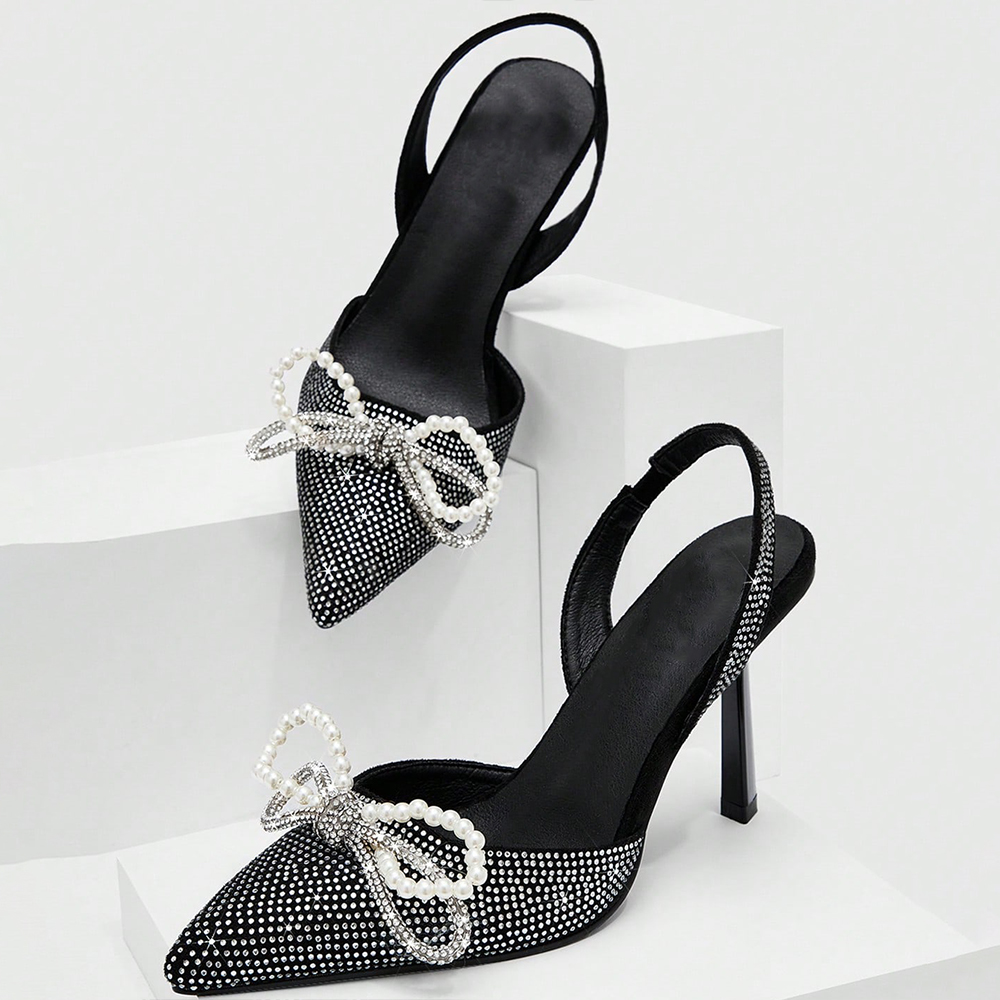Black Pointed Toe Kitten Heel Rhinestone Slingback Pumps Nicepairs