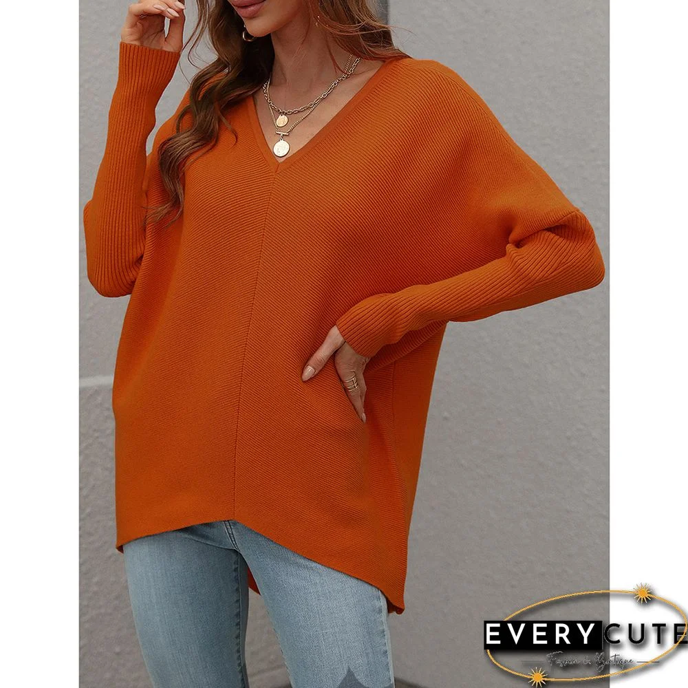 Orange V-neckline High Low Knit Sweater