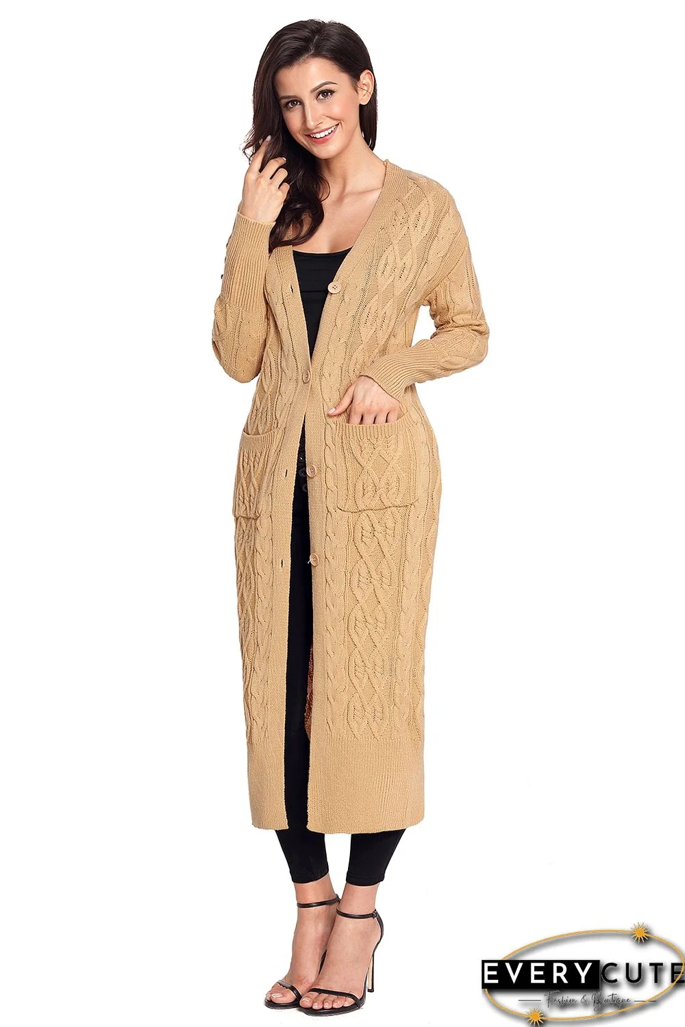 Khaki Cable Knit Long Cardigan