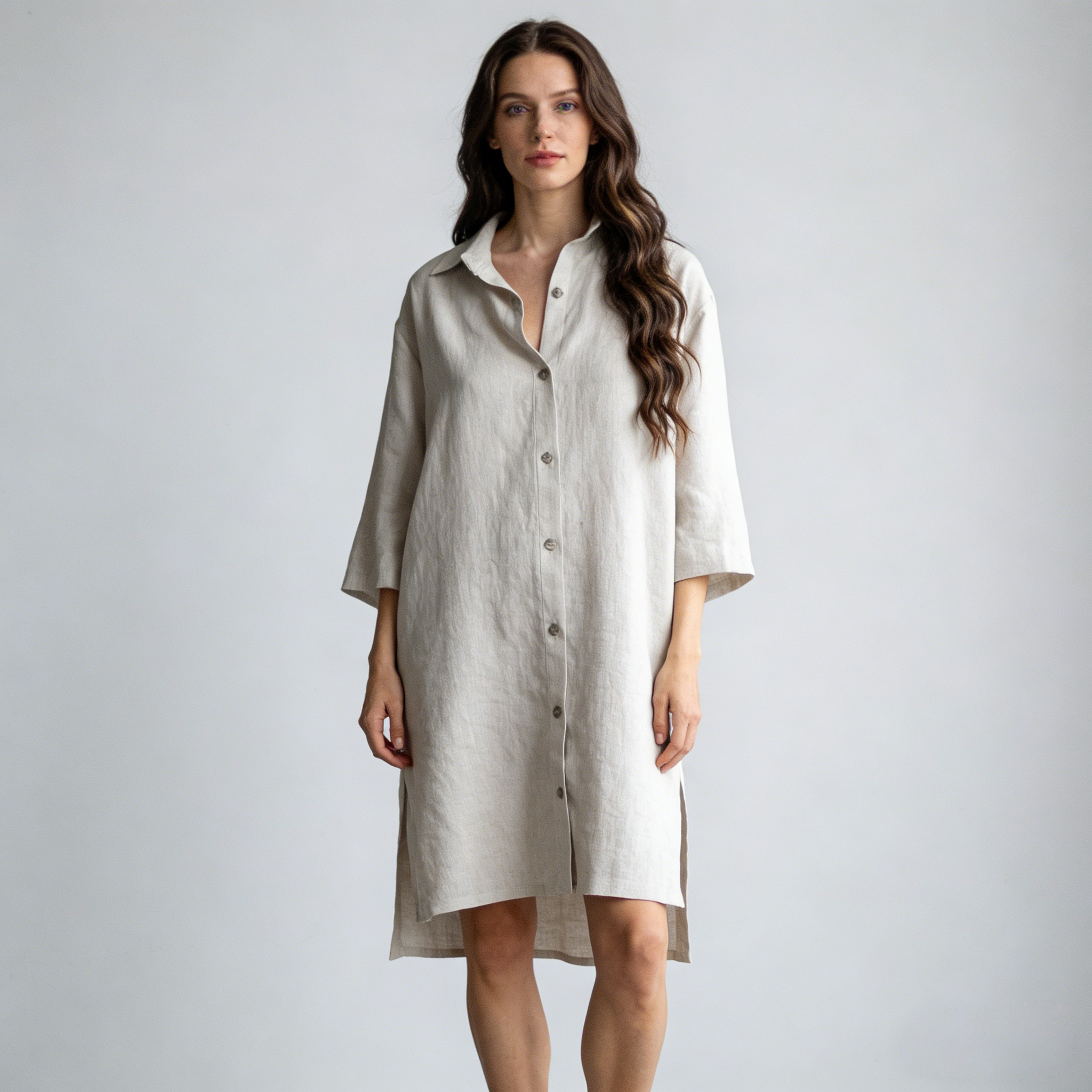 Linen Nightgown Women 100% Linen Button Front Midi Sleepwear REAL SILK LIFE