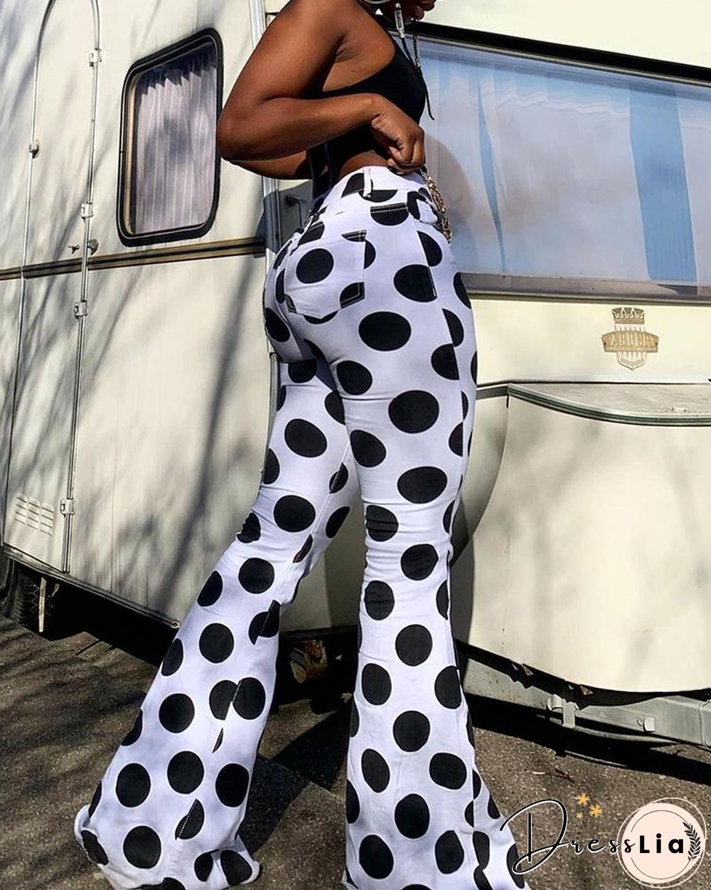 Polka Dot Print Pocket Design Bootcut Pants