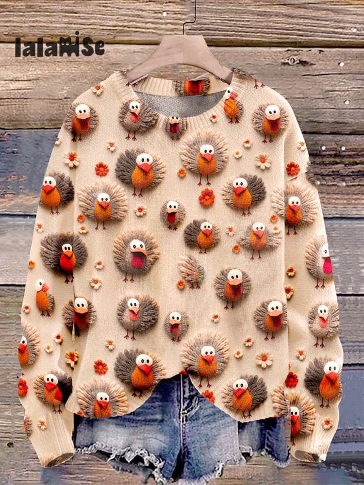 Cute Little Turkeys Fall Thanksgiving Print Knit Pullover Sweater Multicolor / S