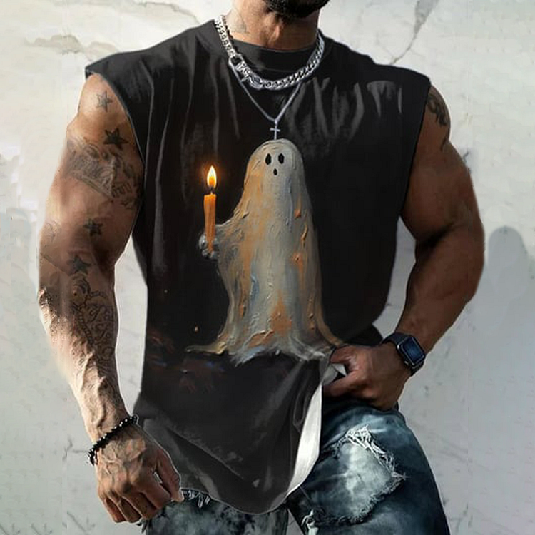 Broswear Retro Ghost Painting Candle Print Tank Top