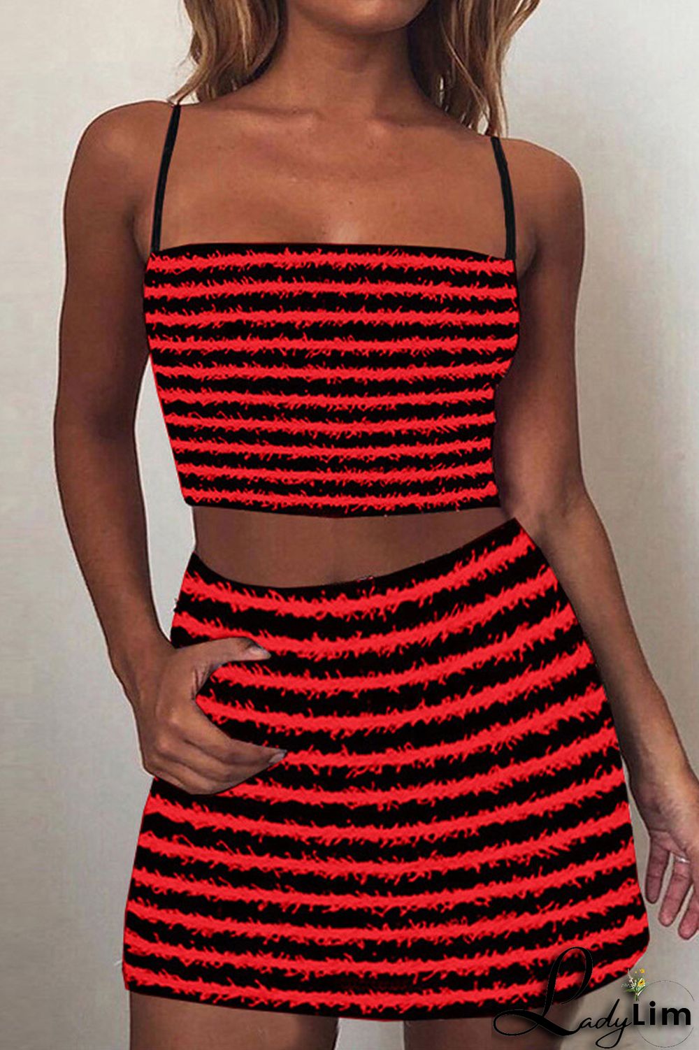 Red Sexy Street Striped Printing Spaghetti Strap Sleeveless Two Pieces