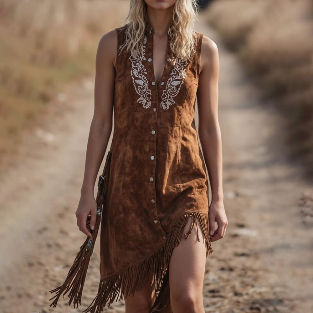 Women's Vintage Western Paisley Brown Suede Vest Dress