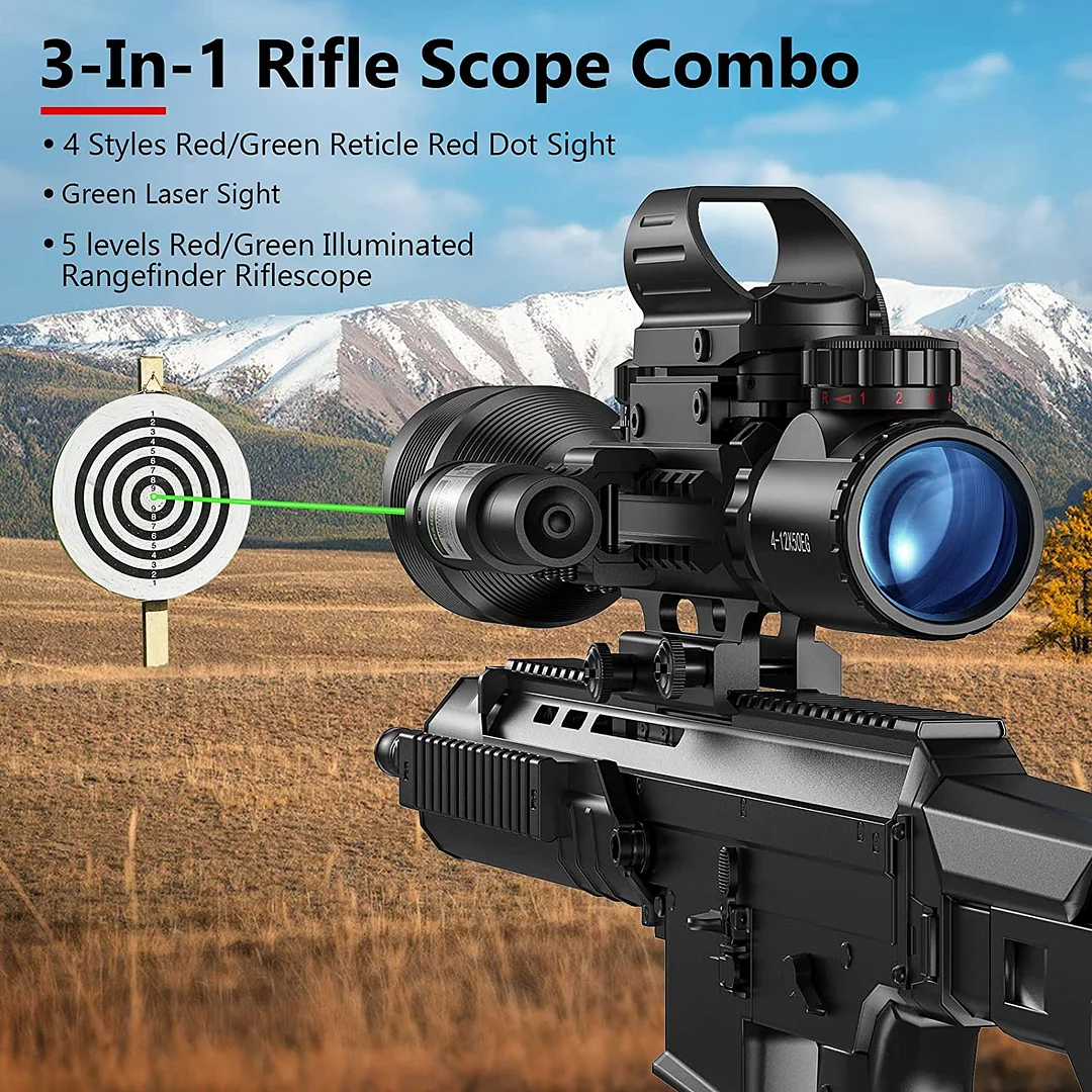 ohhunt® Combo 4-12x50EG Riflescope Dual Illuminated Optics & IIIA/2MW Green Laser Sight & 4 Holographic Reticle Red/Green Dot Sight & 20mm Scope Mount