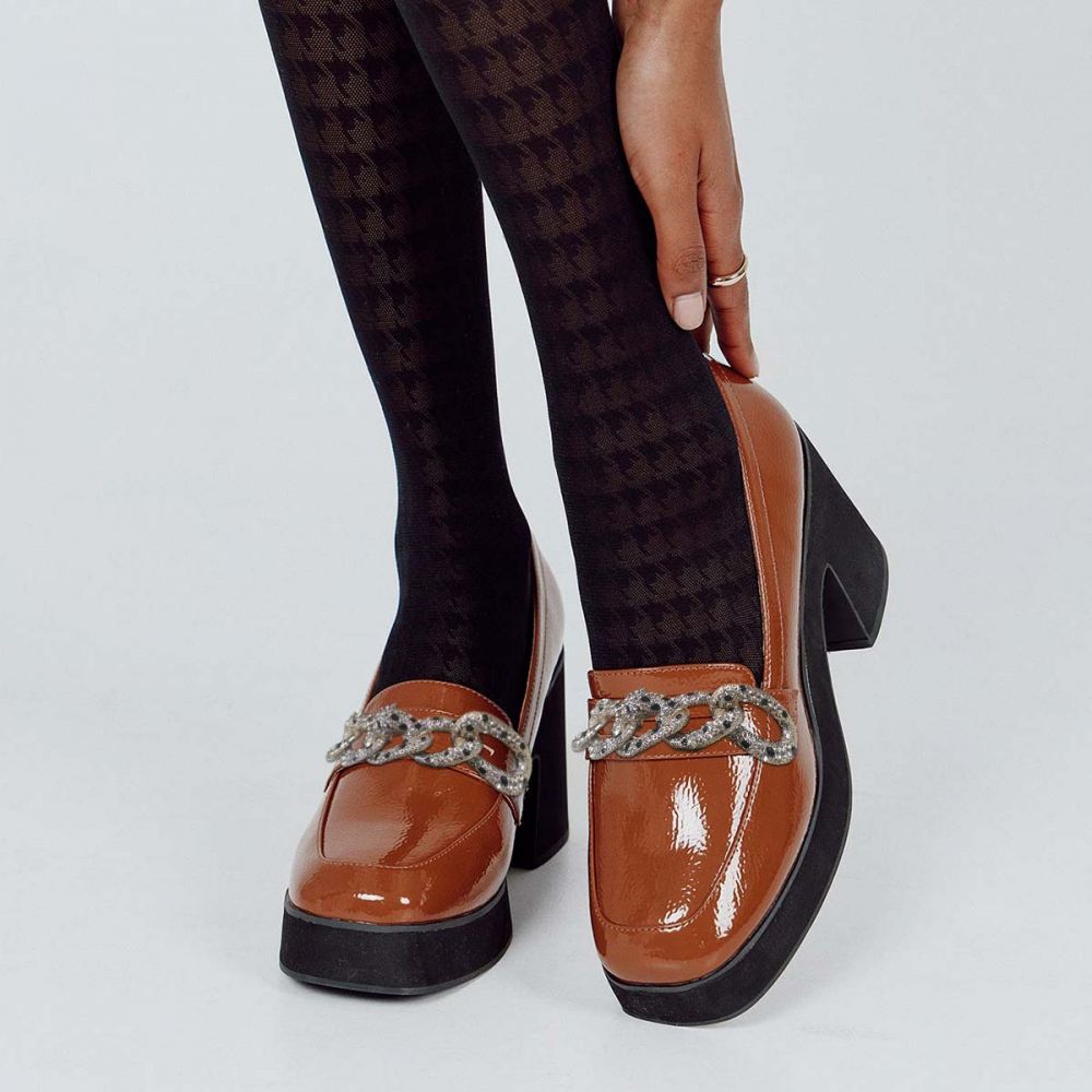 Women's Brown Square Toe Rhinestone Chain Accent Chunky Loafers Nicepairs