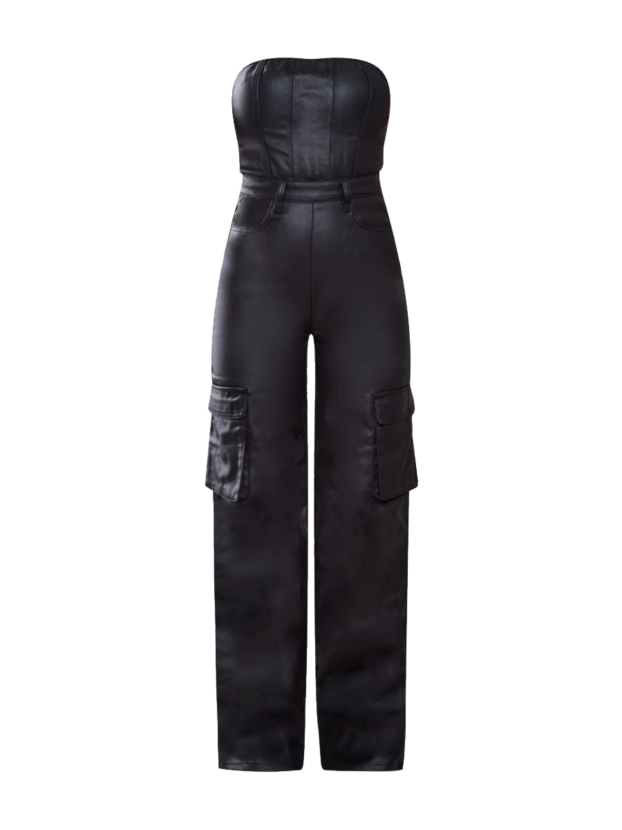 Women's Sexy Faux Leather Off The Shoulder Side Pocket Jumpsuit - Daily Fashion High Street Straight Pocket Female Jumpsuit