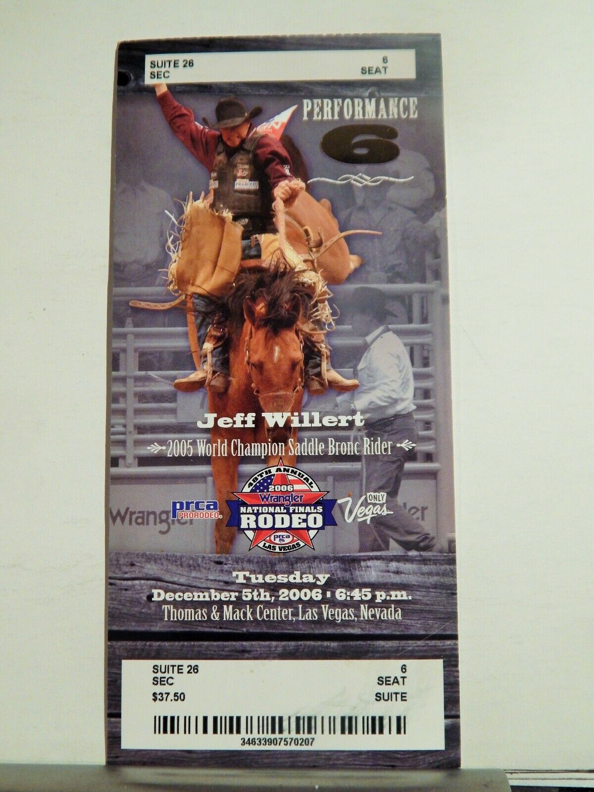 2006 NATIONAL FINALS RODEO LG ORIGINAL USED TICKET JEFF WILLERT COLOR Photo Poster painting