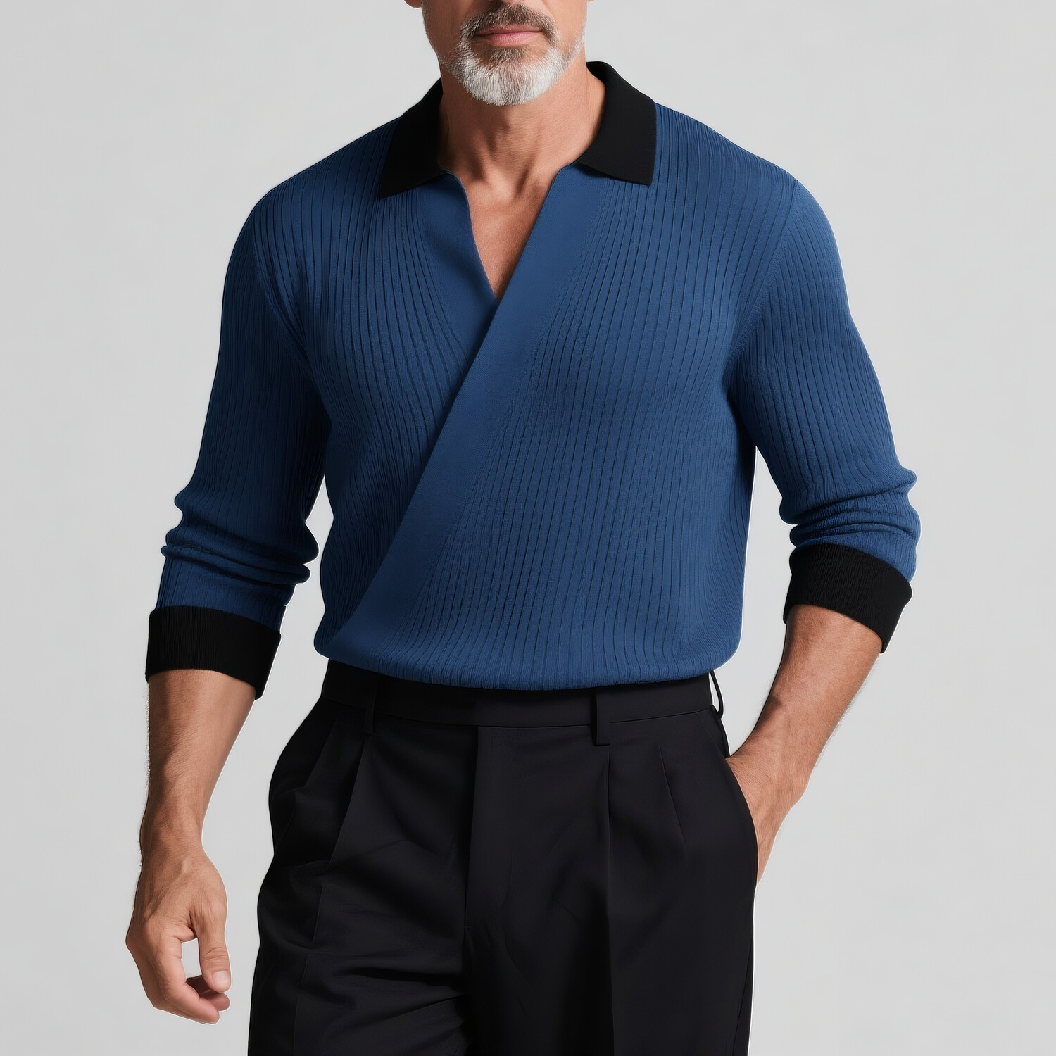 Men's Black Trim Turndown Collar Wrap Ribbed Knit Long Sleeve Top