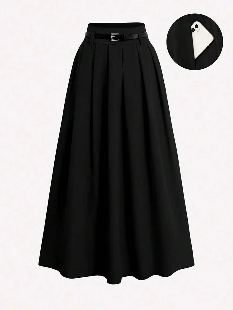 Pleated High Waist Decorative Belt Skirt With Pockets