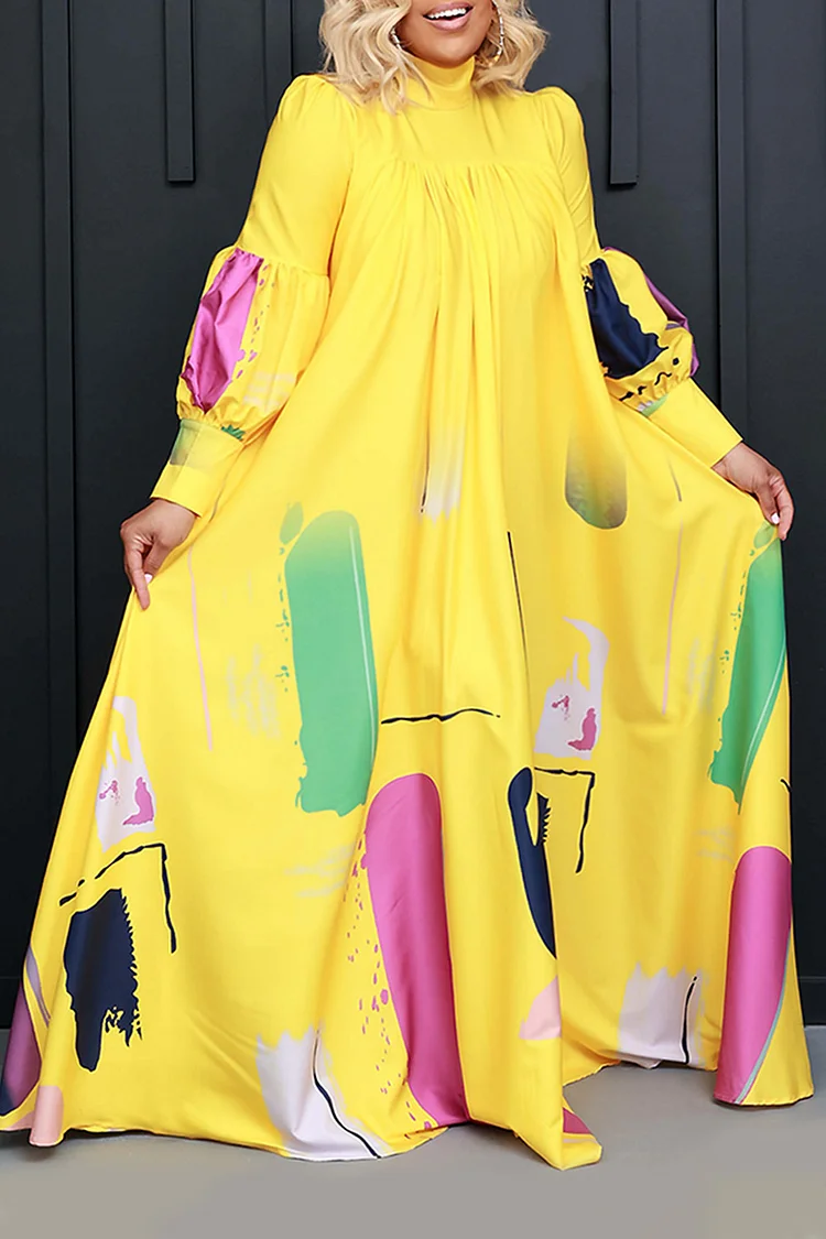 Xpluswear Plus Size Yellow Casual Lantern Sleeve All Over Print Maxi Dress 