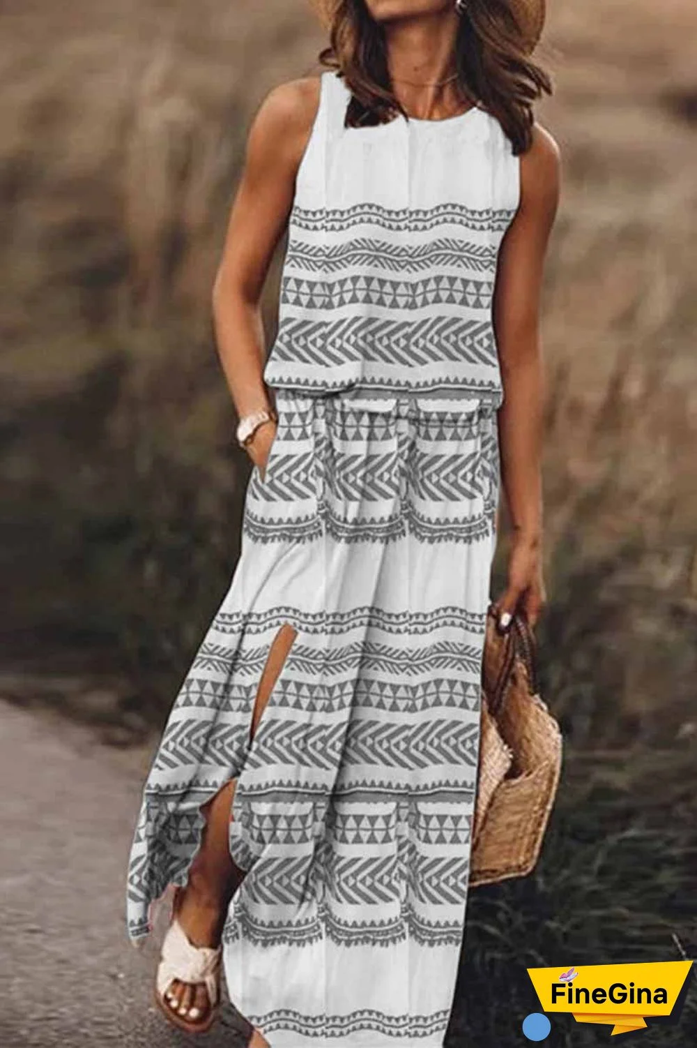 Printed Striped Maxi Dress With Pocket