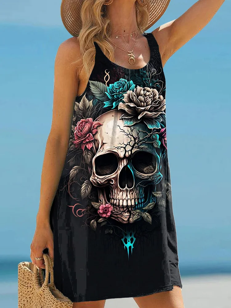 Women's Vintage Skull Floral Pattern Halter Dresses