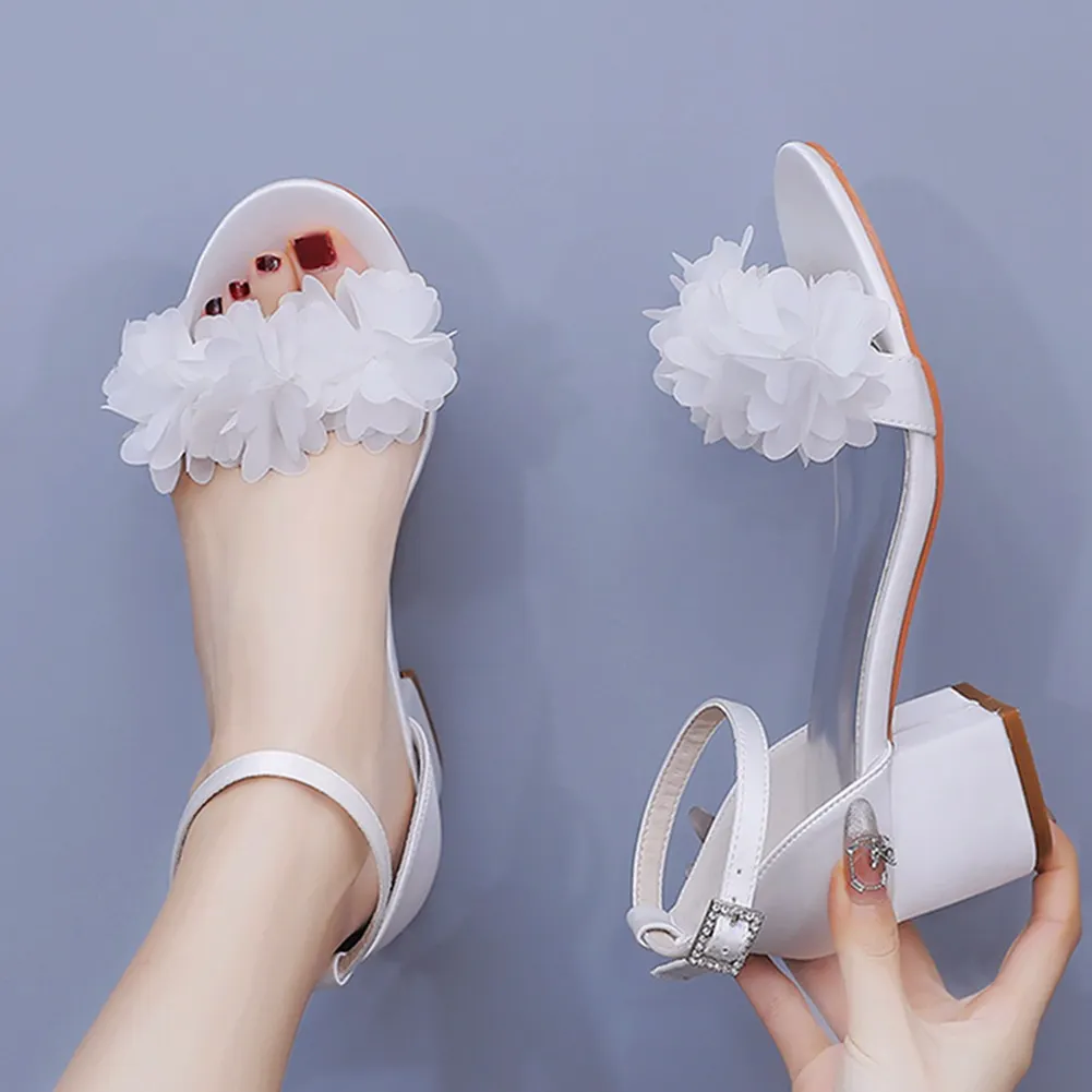 Breakj Breakj Cm Square Heel Sandals Light Mouth A Word With Coarse Heel Sandals White Flowers Color Lactin Ribbon Bridal Wedding Sandals